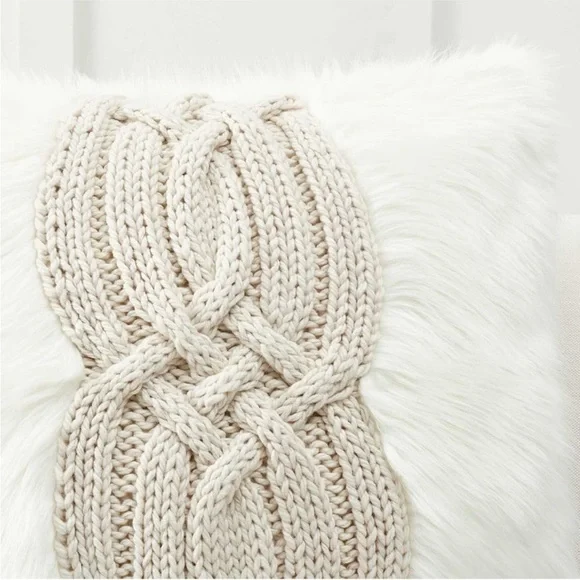 Pottery Barn Faux Fur Pillow Case Cable Knit Accent Cream White Large Square